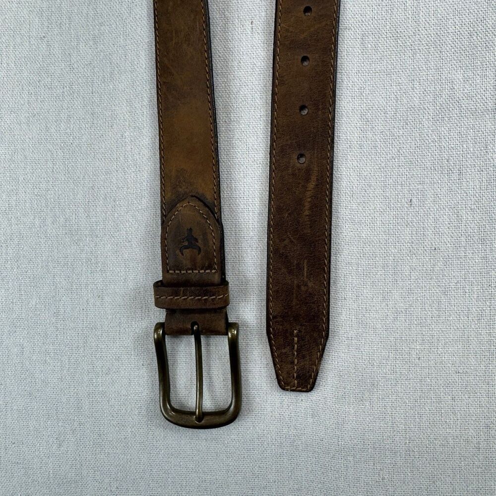 TRASK Finley Leather Belt Brown Distressed Made USA Brass Buckle Size 34 32-1590